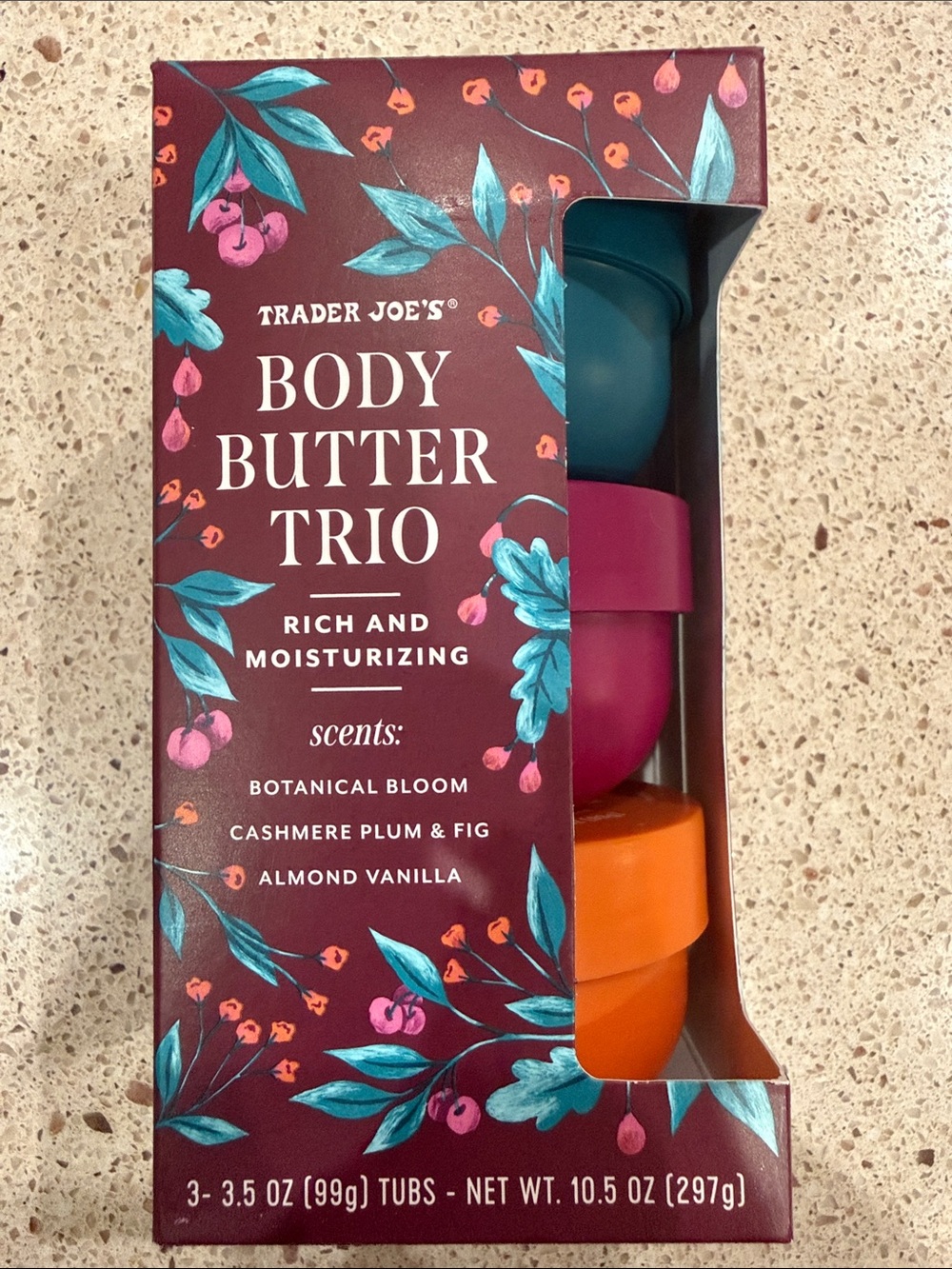 Trader Joe's body butter trio.  3- 3.5 oz tubs.